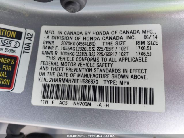 2HKRM4H78EH686870 Honda Cr-v Ex-l