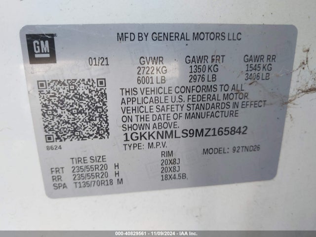 1GKKNMLS9MZ165842 GMC Acadia Fwd Slt