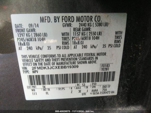2FMDK3JCXEBB19309 Ford EDGE SEL