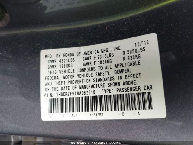 1HGCR2F91HA082610 Honda Accord Ex-l