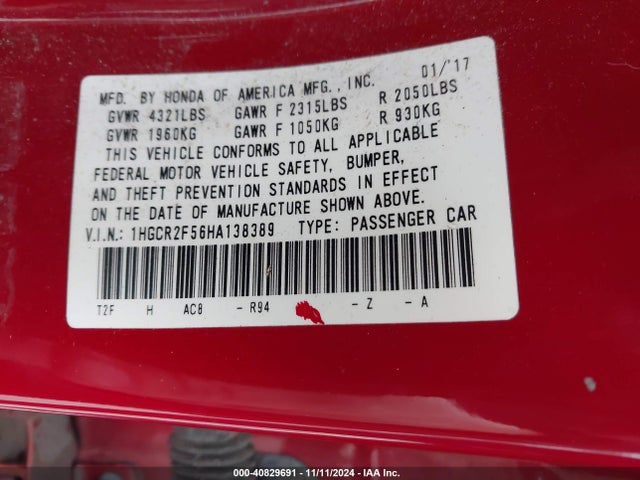 1HGCR2F56HA138389 Honda Accord Sport