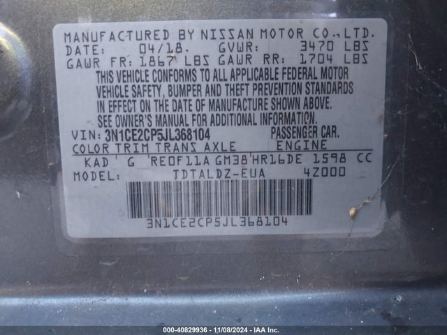 Nissan Versa Note Sv 2018 3N1CE2CP5JL368104 Image 9