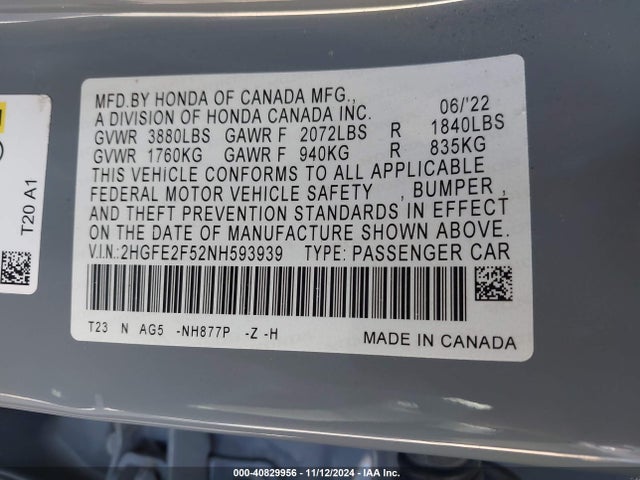 2HGFE2F52NH593939 Honda Civic Sport