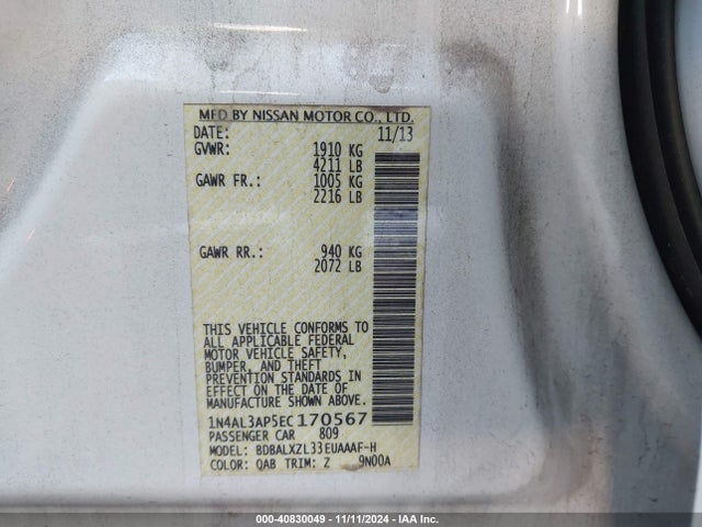 Nissan Altima 2.5 Sl 2014 1N4AL3AP5EC170567 Image 9