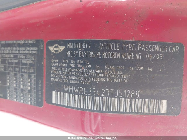 2003 MINI COOPER WMWRC33423TJ51288 Photo 8