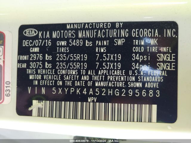 5XYPK4A52HG295683 KIA Sorento 3.3l Sx