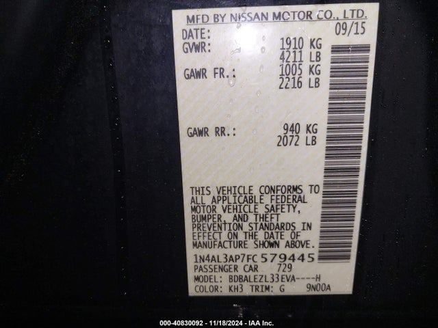 Nissan Altima 2.5 S 2015 1N4AL3AP7FC579445 Image 9