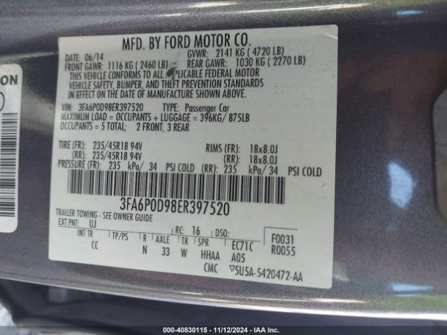 3FA6P0D98ER397520 Ford Fusion Titanium