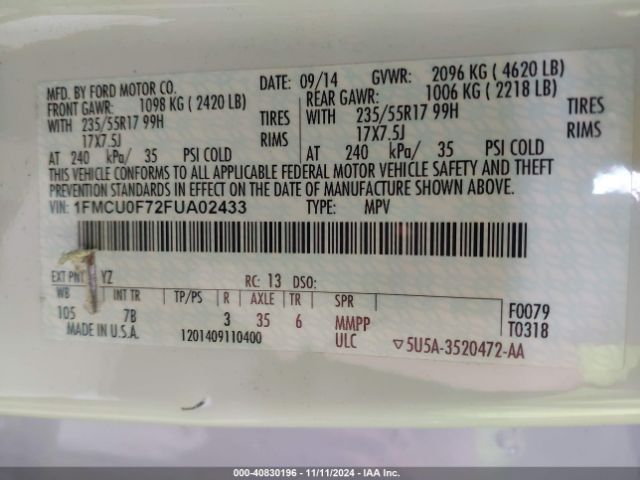 1FMCU0F72FUA02433 Ford ESCAPE S