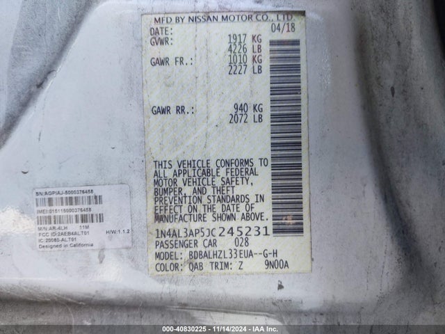 Nissan Altima 2.5 Sr 2018 1N4AL3AP5JC245231 Image 9