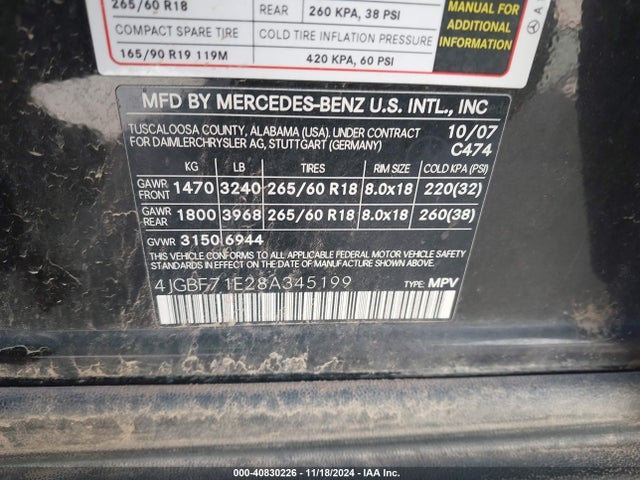 40830226 :رقم المزاد ، 4JGBF71E28A345199 vin ، 2008 Mercedes-benz Gl 450 4matic مزاد بيع