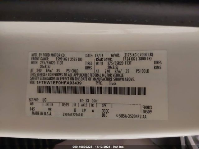 1FTEW1EF0HFA93439 Ford F-150 Platinum