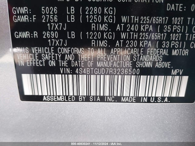 40830241 :رقم المزاد ، 4S4BTGUD7R3236500 vin ، 2024 Subaru Outback Wilderness مزاد بيع