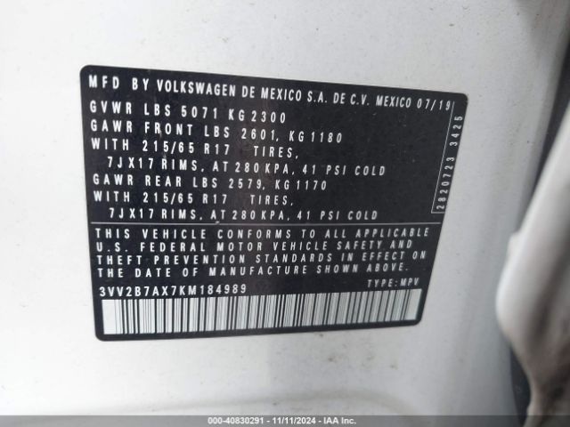 3VV2B7AX7KM184989 Volkswagen Tiguan 2.0t Se/2.0t Sel/2.0t Sel R-line/2.0t Sel R-line Black