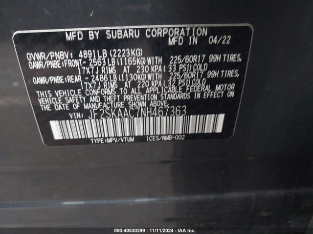 JF2SKAAC7NH467363 Subaru Forester