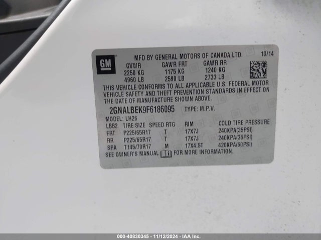 Chevrolet EQUINOX 1LT 2015 2GNALBEK9F6186095 Image 9
