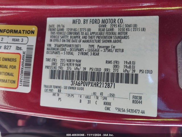 3FA6P0VPXHR212871 Ford Fusion Sport