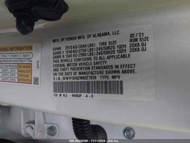 5FNYF5H62MB027859 Honda Pilot 2wd Touring 7 Passenger