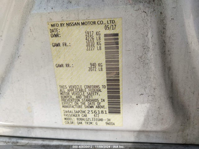 Nissan Altima 2.5 S 2017 1N4AL3AP2HC256181 Image 9