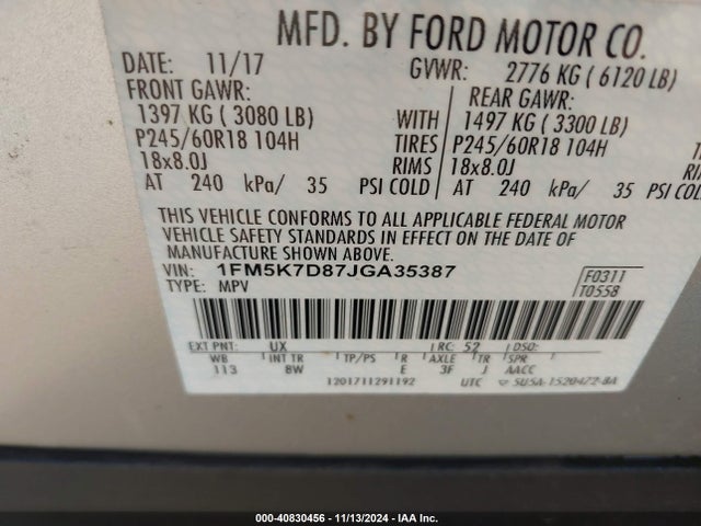 Ford EXPLORER XLT 2018 1FM5K7D87JGA35387 Image 9