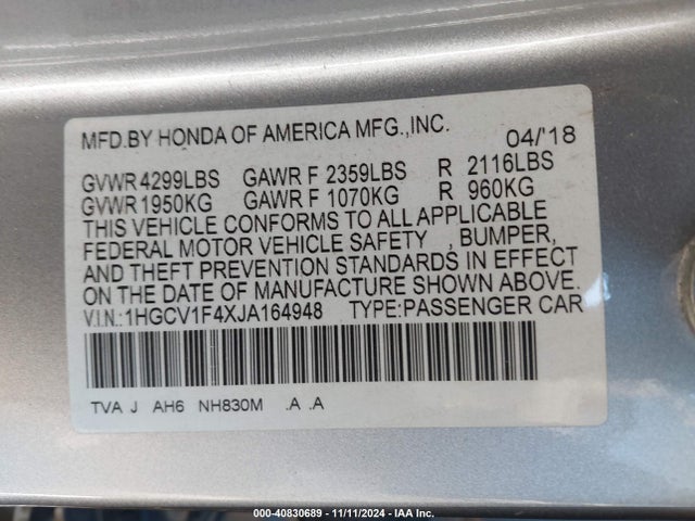 Honda ACCORD EX 2018 1HGCV1F4XJA164948 Image 9