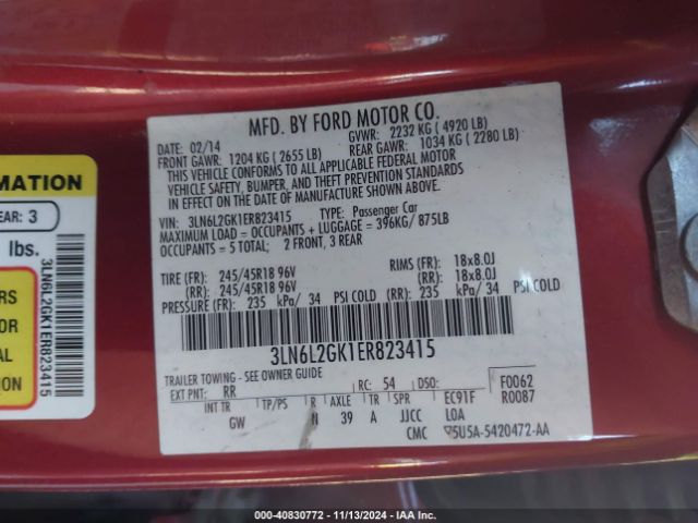 3LN6L2GK1ER823415 Lincoln MKZ
