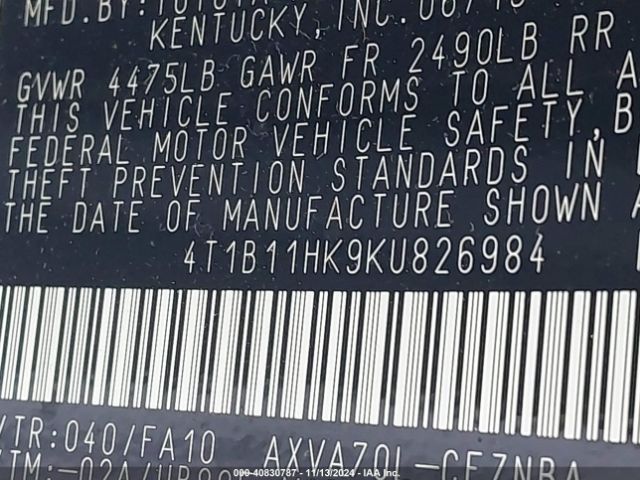 4T1B11HK9KU826984 Toyota CAMRY LE