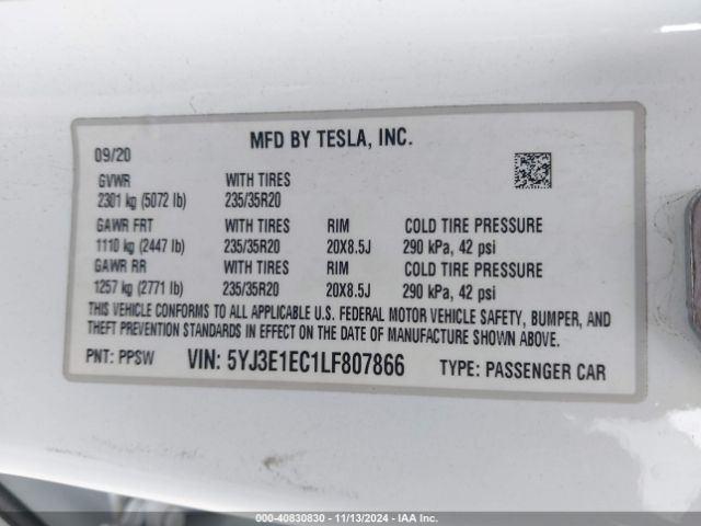 5YJ3E1EC1LF807866 Tesla Model 3 Performance Dual Motor All-wheel Drive