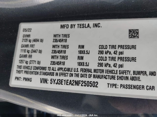 Tesla Model 3 Rear-wheel Drive 2022 5YJ3E1EA2NF250502 Image 9