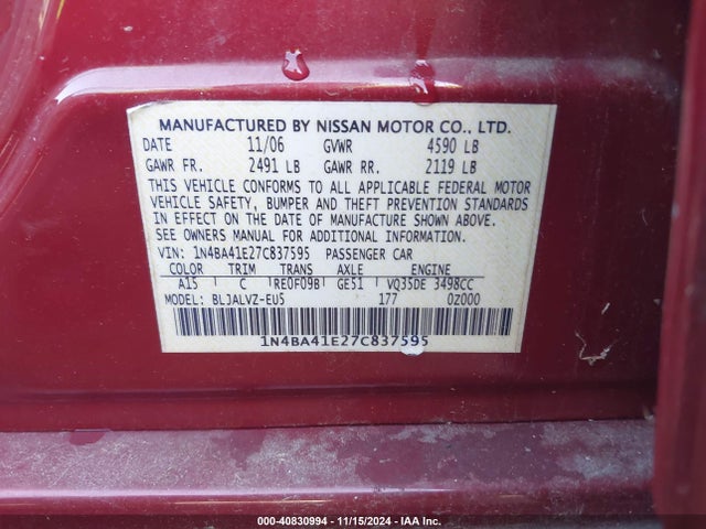 Продажа на аукционе авто 2007 Nissan Maxima 3.5 Se, vin: 1N4BA41E27C837595, номер лота: 40830994