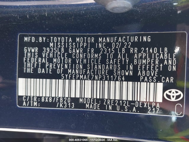 Toyota COROLLA LE 2022 5YFEPMAE7NP311764 Image 9