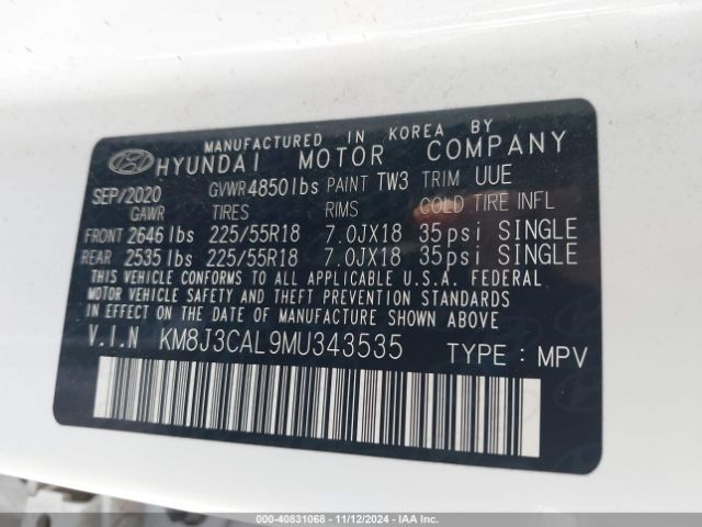 KM8J3CAL9MU343535 Hyundai Tucson Limited