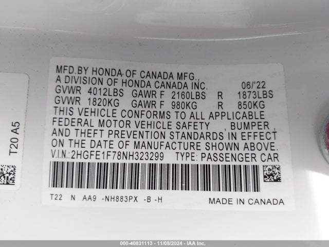 Honda CIVIC EX 2022 2HGFE1F78NH323299 Image 9