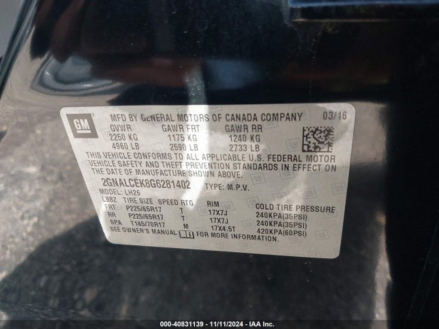 Chevrolet EQUINOX LT 2016 2GNALCEK8G6281402 Image 9