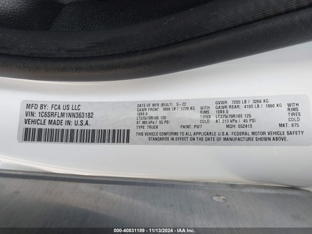 1C6SRFLM1NN363182 RAM 1500 Rebel  4x4 5'7 Box