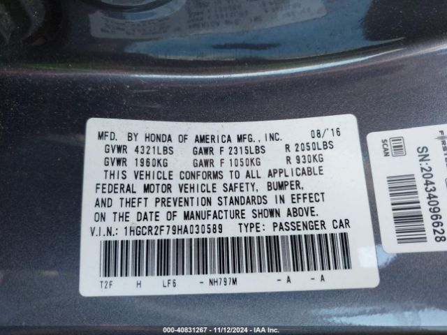 1HGCR2F79HA030589 Honda ACCORD EX