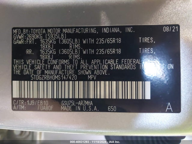 5TDGZRBH0MS147420 Toyota Highlander Xle