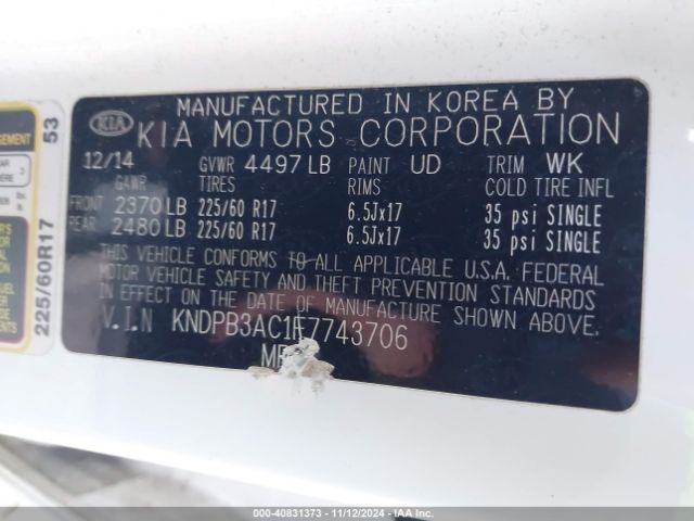 KNDPB3AC1F7743706 KIA Sportage Lx