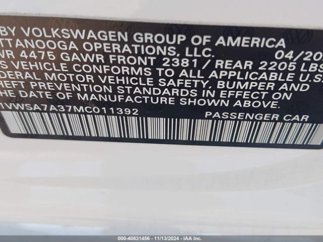 1VWSA7A37MC011392 Volkswagen Passat 2.0t Se