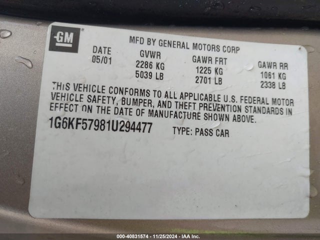 2001 CADILLAC DEVILLE 1G6KF57981U294477 Photo 8