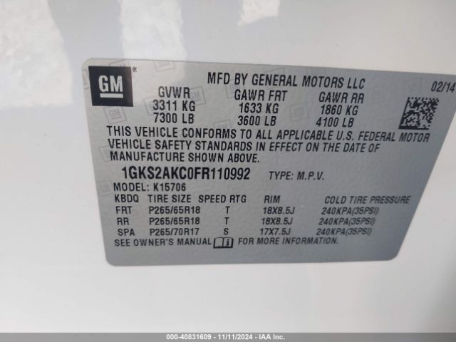 1GKS2AKC0FR110992 GMC YUKON SLE