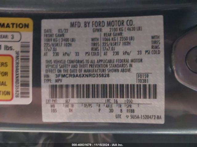 3FMCR9A6XNRD35828 Ford Bronco Sport