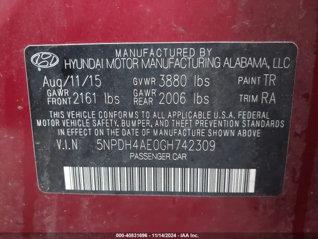 Hyundai ELANTRA SE 2016 5NPDH4AE0GH742309 Image 9