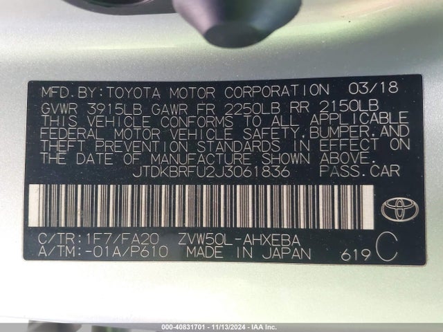 Toyota Prius Two 2018 JTDKBRFU2J3061836 Image 9