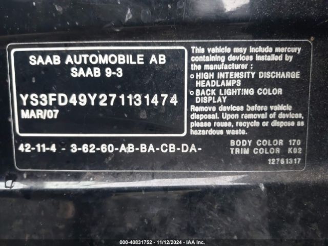 2007 SAAB 9-3 YS3FD49Y271131474 Photo 8