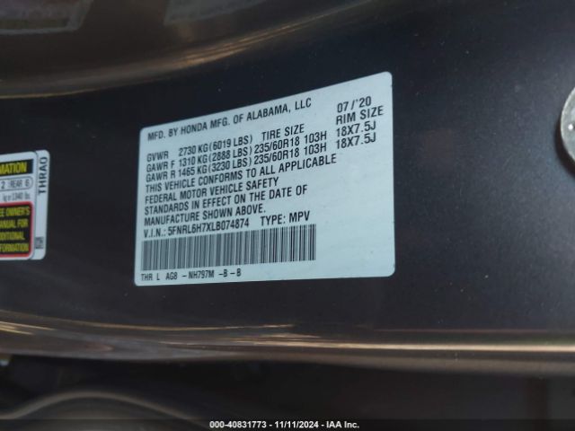 5FNRL6H7XLB074874 Honda Odyssey Ex-l/ex-l W/navi   Res