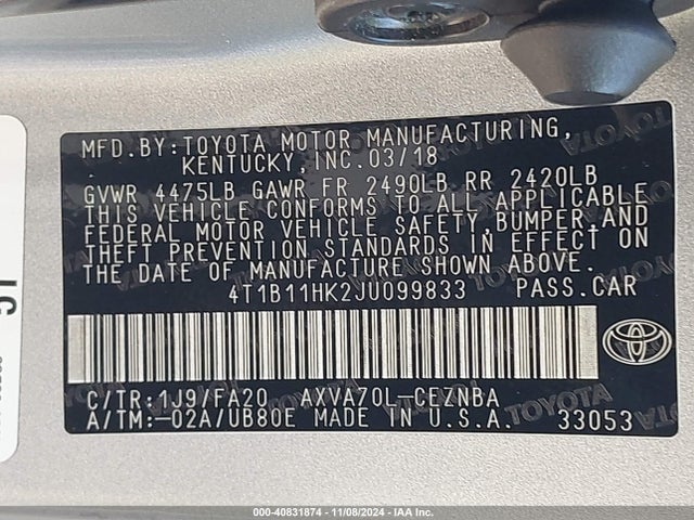 4T1B11HK2JU099833 Toyota a25a-fks