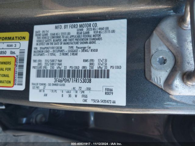 3FA6P0H71FR153038 Ford FUSION SE