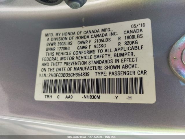 2HGFC3B35GH354839 Honda Civic Ex-t