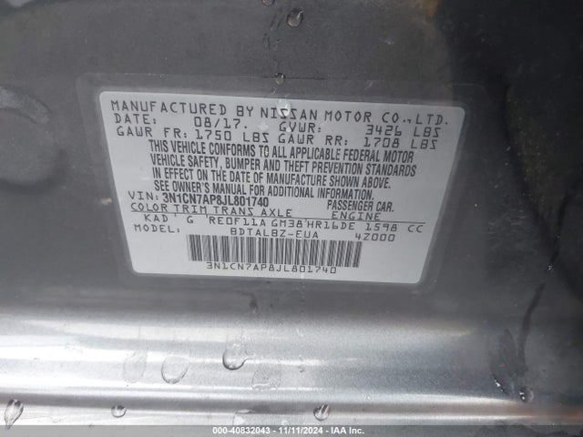 3N1CN7AP8JL801740 Nissan Versa 1.6 Sv